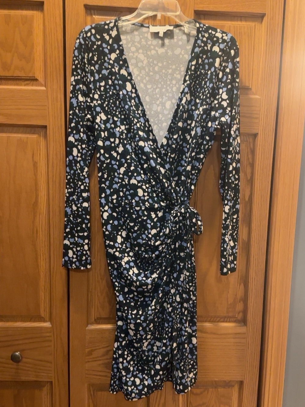 Lark & Ro Wrap Dress Size L Navy Blue Cream Long Sleeve